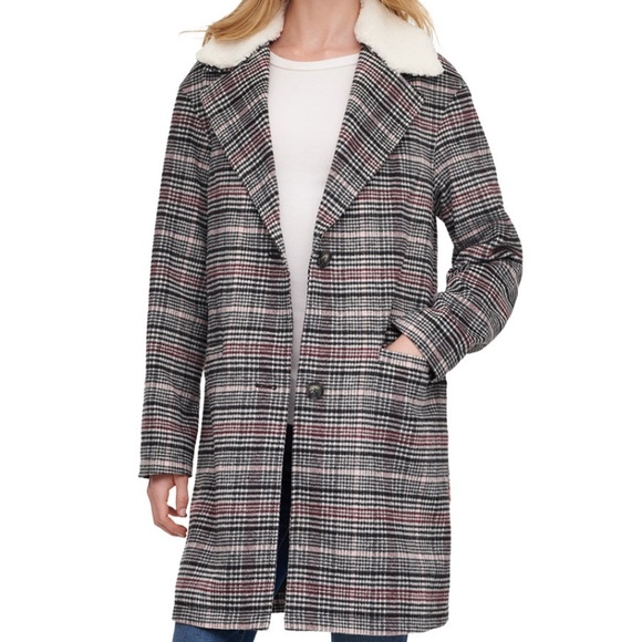 Levi’s Plaid Faux Fur Collar Long Jacket